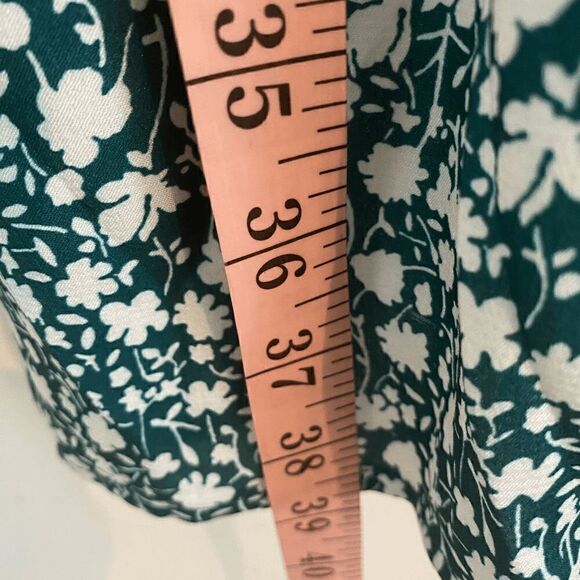 Like New Ruched Mock Neck White Floral Print Teal Midi Dress - Picture 10 of 11